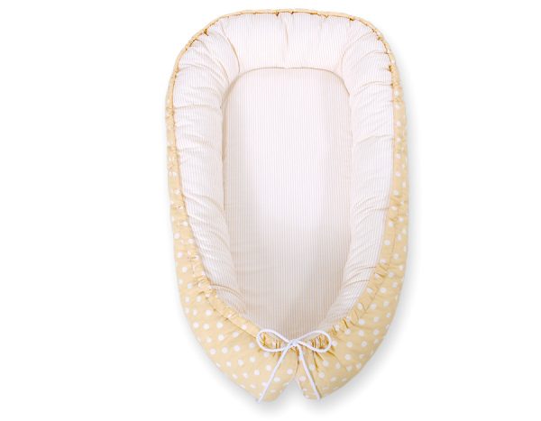 Baby nest double-sided Premium Cocoon for infants BOBONO- white dots on beige/ beige strips - Image 4