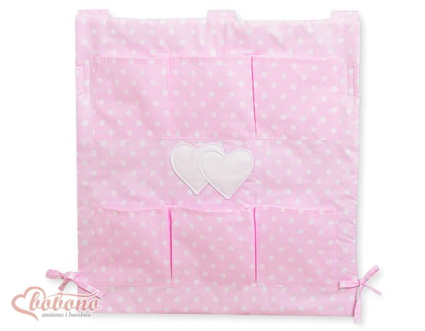 Cot tidy- Hanging Hearts white dots on pink