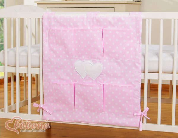 Cot tidy- Hanging Hearts white dots on pink - Image 2