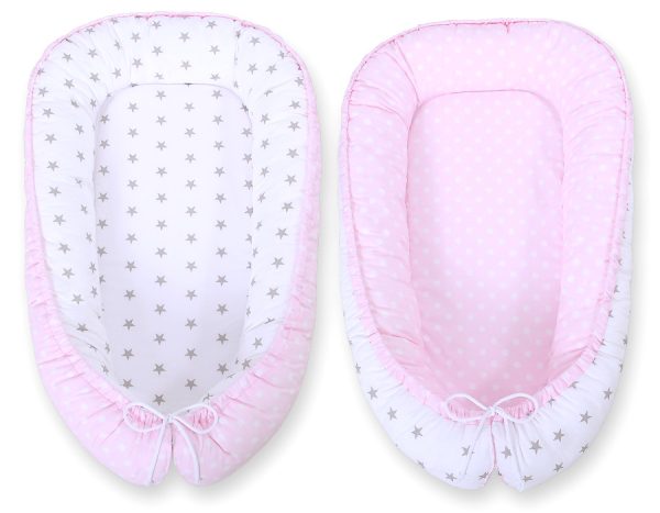Baby nest double-sided Premium Cocoon for infants BOBONO- dots on pink/ grey stars - Image 2