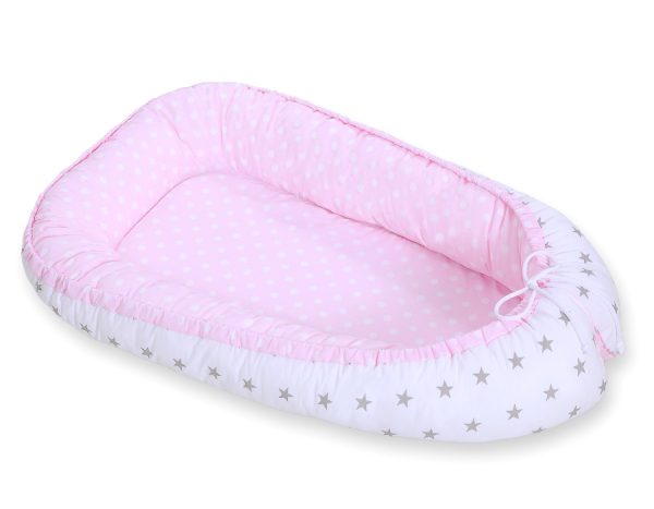 Baby nest double-sided Premium Cocoon for infants BOBONO- dots on pink/ grey stars - Image 4