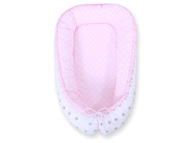 Baby nest double-sided Premium Cocoon for infants BOBONO- dots on pink/ grey stars - Image 5