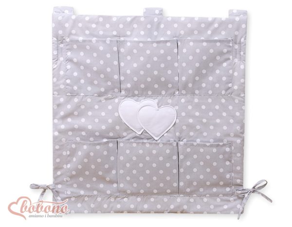 Cot tidy- Hanging Hearts white dots on grey
