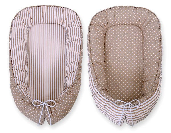Baby nest double-sided Premium Cocoon for infants BOBONO- dots on brown/ strips - Image 3