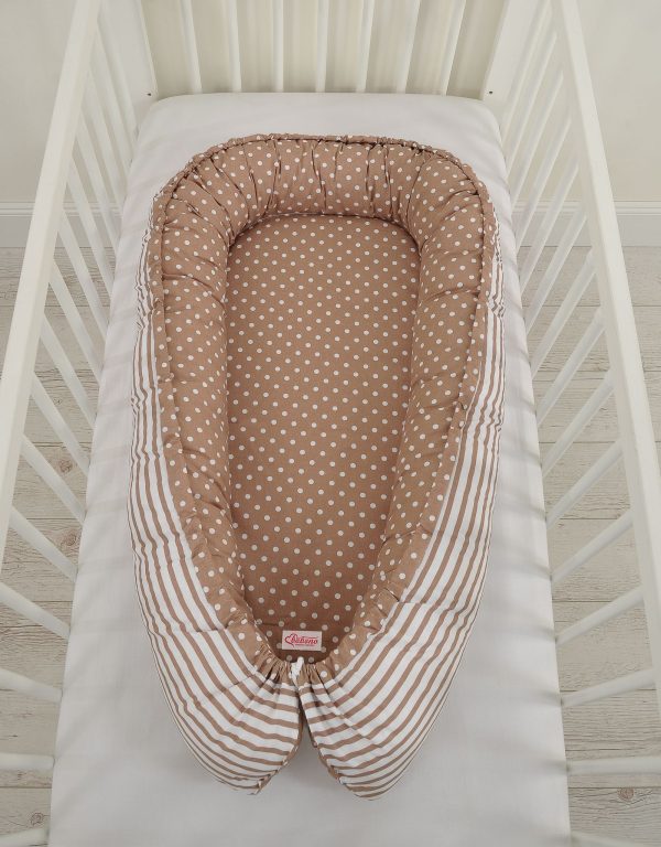 Baby nest double-sided Premium Cocoon for infants BOBONO- dots on brown/ strips - Image 4
