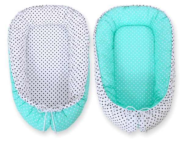 Baby nest double-sided Premium Cocoon for infants BOBONO - black dots white dots on mint - Image 3