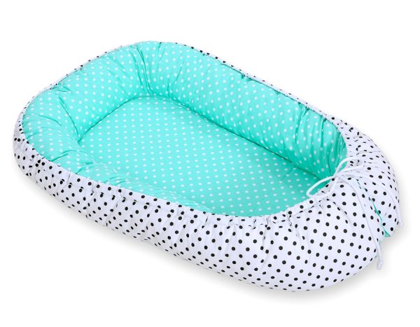 Baby nest double-sided Premium Cocoon for infants BOBONO - black dots white dots on mint - Image 4
