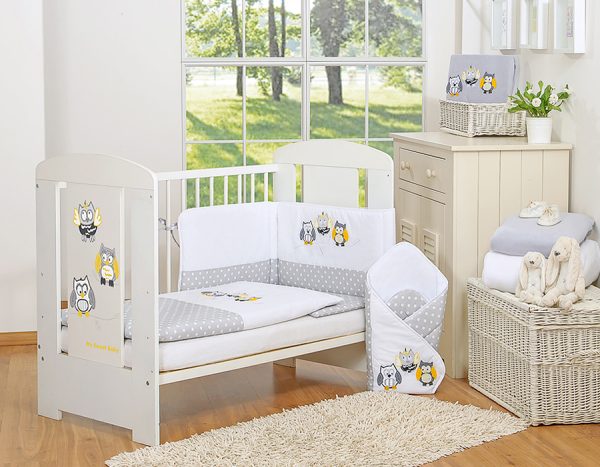 Baby bedding set 135x100 cm with bumper 3-pcs Grey owls with grey and yellow embroidery