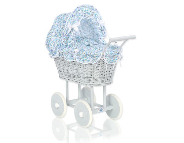 Wicker dolls' pram with grey bedding and padding - grey