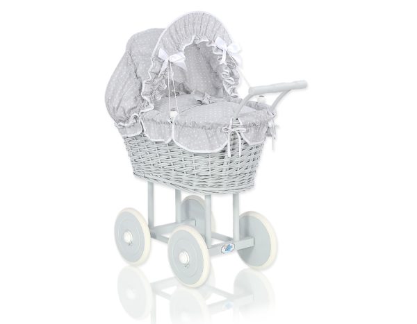 Wicker dolls' pram with grey bedding and padding - grey