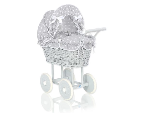 Wicker dolls' pram with grey bedding and padding - grey