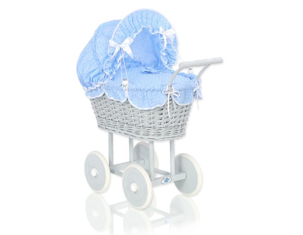 Wicker dolls' pram with grey bedding and padding - grey