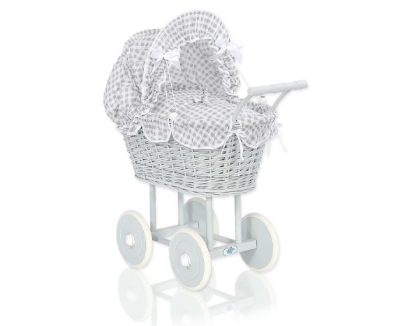 Wicker dolls' pram with grey bedding and padding - grey