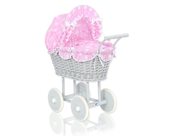 Wicker dolls' pram with pink bedding and padding - grey