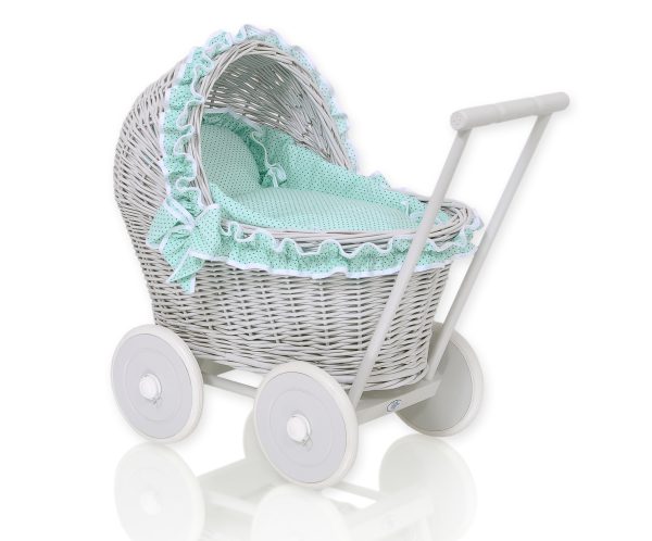 Wicker doll pushchair grey with mint bedding and soft padding