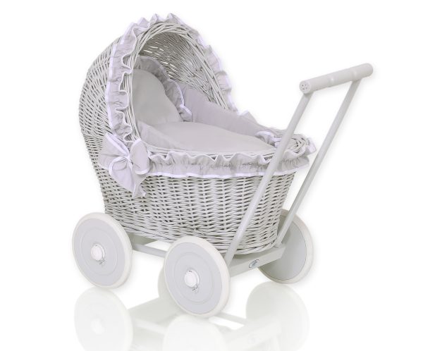 Wicker doll pushchair grey with grey bedding and soft padding