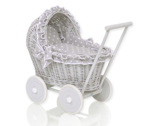 Wicker doll pushchair grey with grey bedding and soft padding