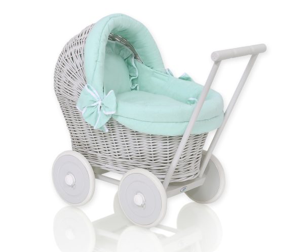 Wicker doll pushchair grey with mint bedding and soft padding
