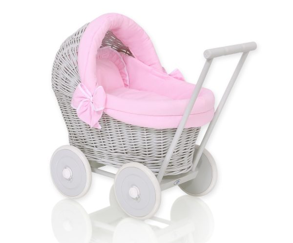 Wicker doll pushchair grey with pink bedding and soft padding