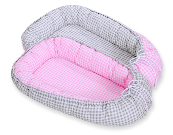 Baby nest double-sided Premium Cocoon for infants BOBONO- grey checkered/ pink checkered - Image 2