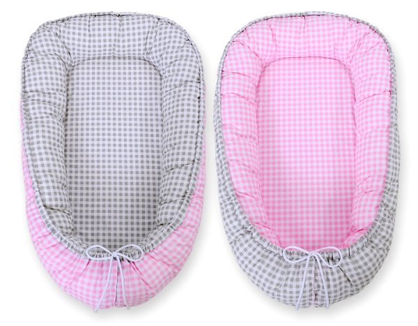 Baby nest double-sided Premium Cocoon for infants BOBONO- grey checkered/ pink checkered - Image 3