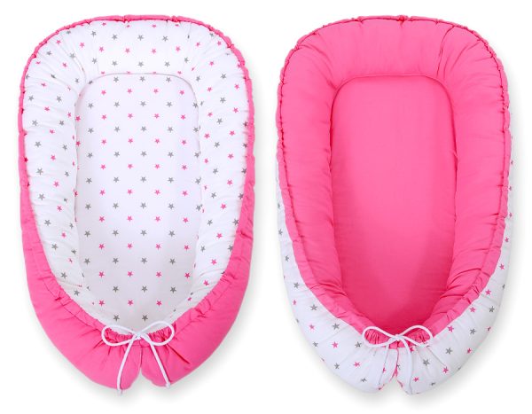 Baby nest double-sided Premium Cocoon for infants BOBONO- stars grey-pink/ pink - Image 2