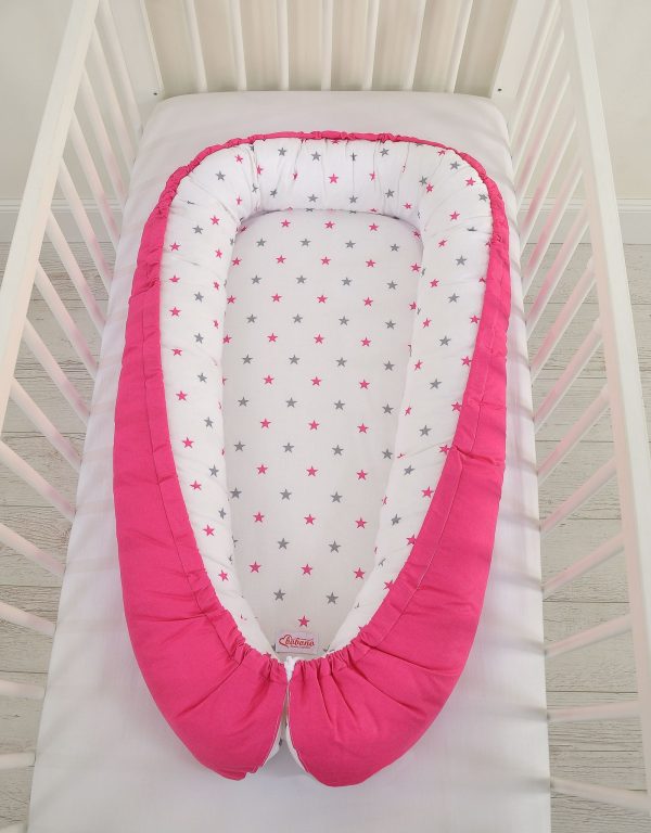 Baby nest double-sided Premium Cocoon for infants BOBONO- stars grey-pink/ pink - Image 3