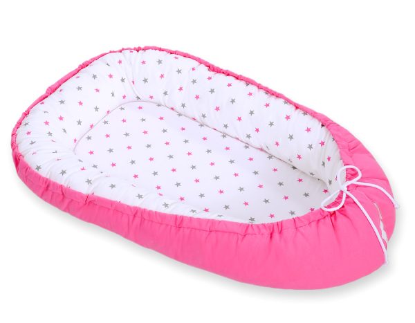 Baby nest double-sided Premium Cocoon for infants BOBONO- stars grey-pink/ pink - Image 4