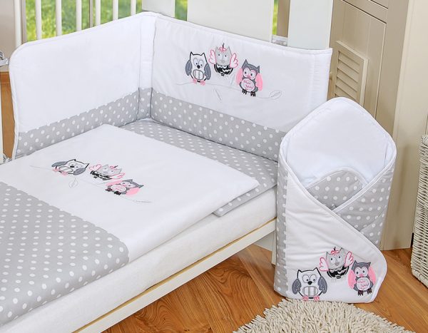 Baby bedding set 120x90 cm with bumper 3-pcs Grey Owls with grey and pink embroidery - Image 2