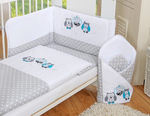 Baby bedding set 135x100 cm with bumper 3-pcs Grey Owls with grey and turquoise embroidery - Image 2