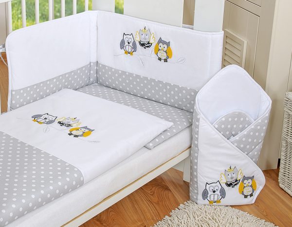 Baby bedding set 135x100 cm with bumper 3-pcs Grey owls with grey and yellow embroidery - Image 2