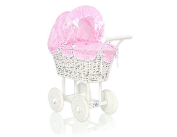 Wicker dolls' pram with pink bedding and padding - white