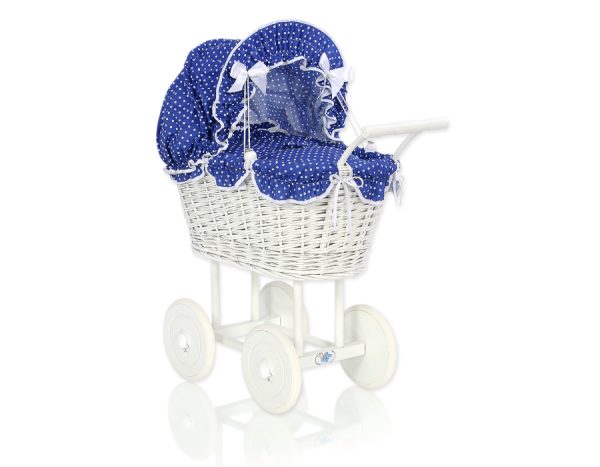 Wicker dolls' pram with navy blue bedding and padding - white