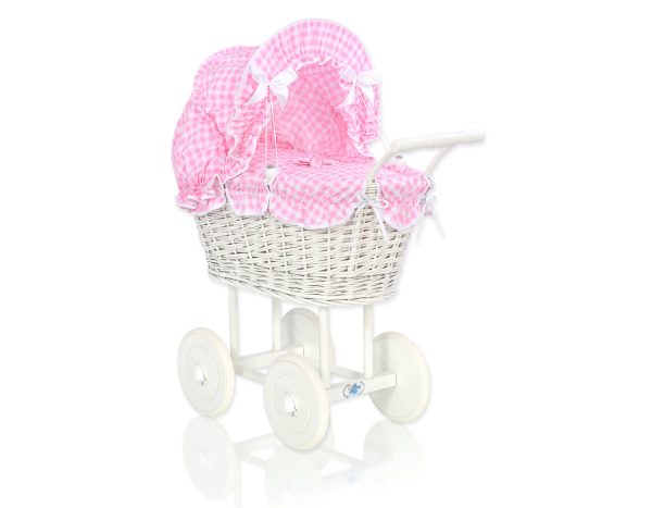 Wicker dolls' pram with pink bedding and padding - white