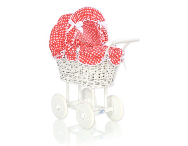 Wicker dolls' pram with red bedding and padding - white