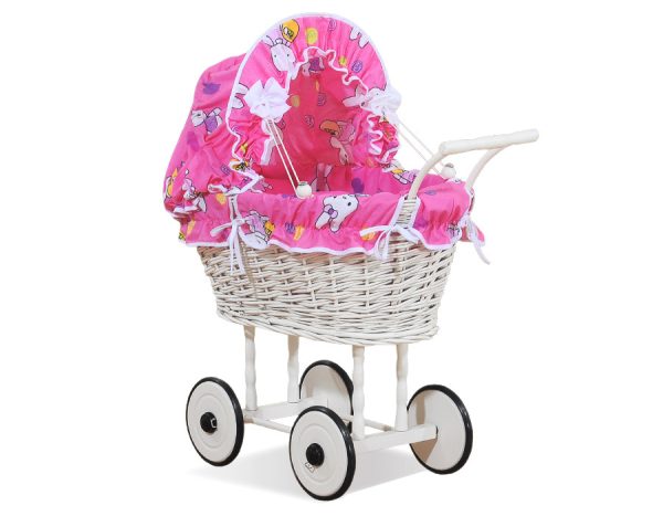 Wicker dolls' pram with pink bedding and padding - white