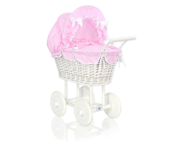 Wicker dolls' pram with pink bedding and padding - white