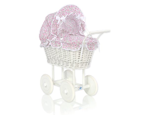 Wicker dolls' pram with pink bedding and padding - white