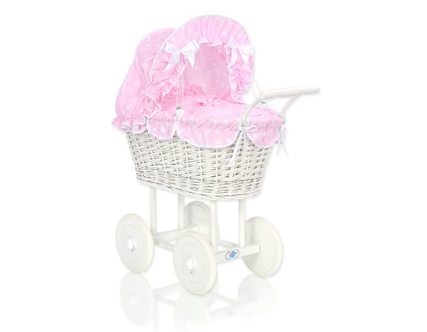 Wicker dolls' pram with pink bedding and padding - white
