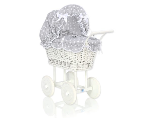 Wicker dolls' pram with grey bedding and padding - white