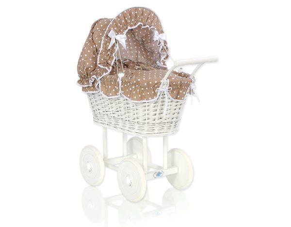 Wicker dolls' pram with brown bedding and padding - white