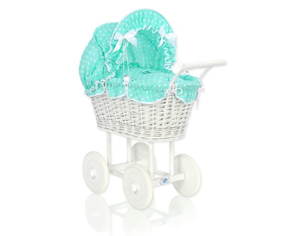 Wicker dolls' pram with mint bedding and padding - white