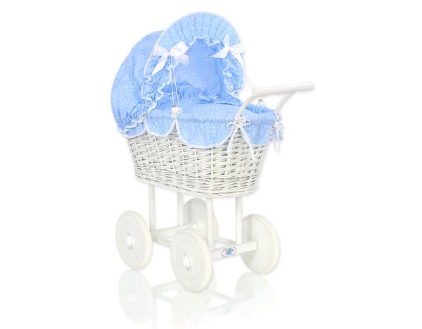 Wicker dolls' pram with blue bedding and padding - white