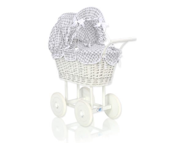 Wicker dolls' pram with grey bedding and padding - white