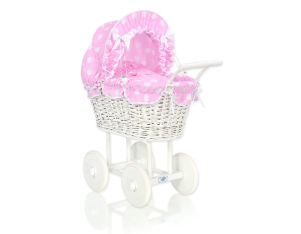 Wicker dolls' pram with pink bedding and padding - white