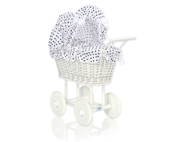 Wicker dolls' pram with white-black bedding and padding - white