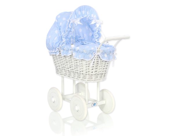 Wicker dolls' pram with blau bedding and padding - white