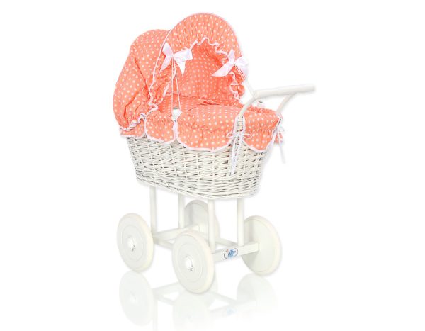 Wicker dolls' pram with peach bedding and padding - white