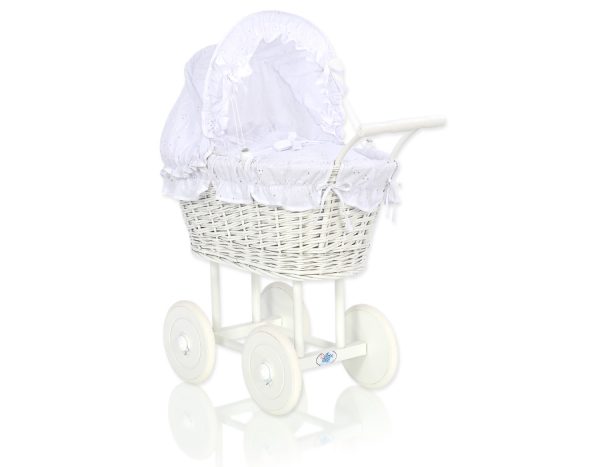 Wicker dolls' pram with white bedding and padding - white