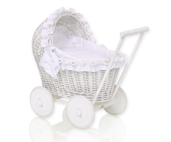 Wicker doll pushchair white with white bedding and soft padding